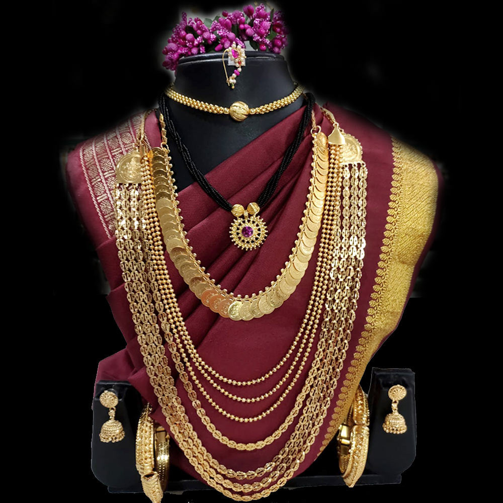 Traditional Maharashtrian Jewellery Gold Plated Black Beads Thushi  Mangalsutra With Earrings Tanmaniya Set For Women